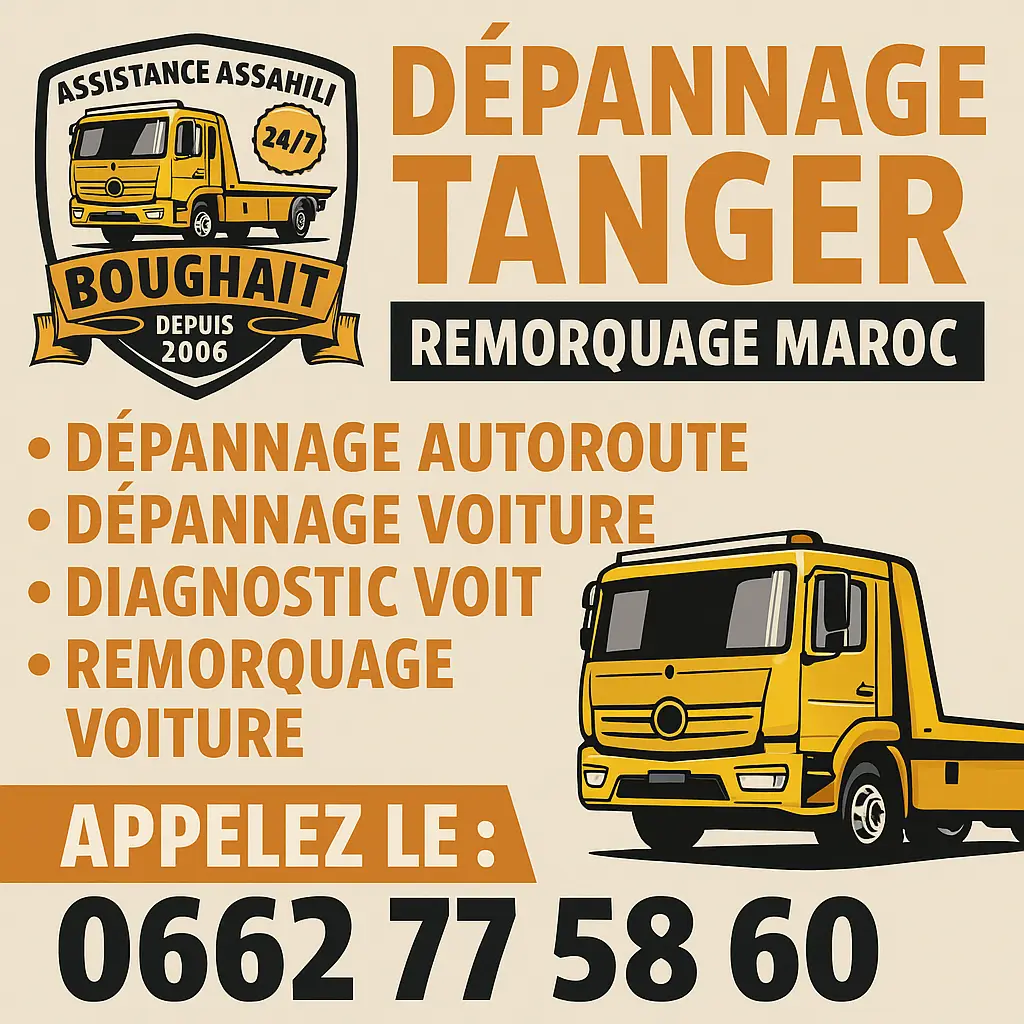 Assistance Assahili dépannage Tanger, remorquage voiture au Maroc, dépannage autoroute, service de dépannage auto 24h/24 avec dépanneuse professionnelle.